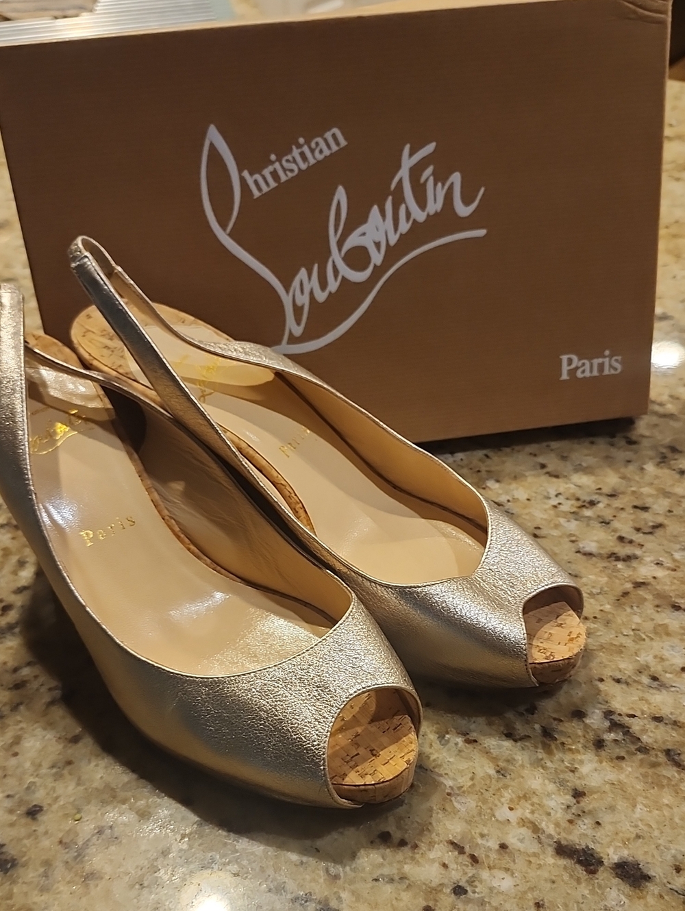 Christian Louboutin Metallic Gold Peep-Toe Slingback Wedges